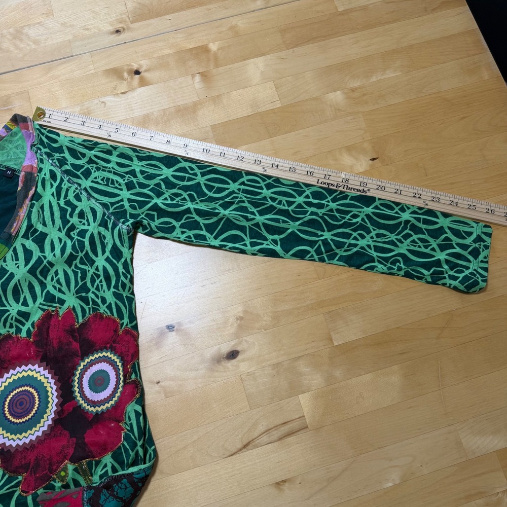 Desigual Patchwork Graphic Long Sleeve Top Green Multi Womens Medium Boho Shirt - Picture 13 of 13